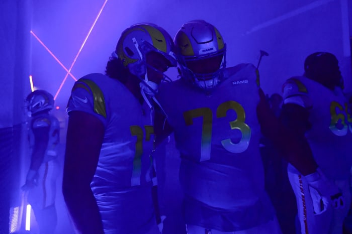 Dec 17, 2023; Inglewood, California, USA; Los Angeles Rams wide receiver Puka Nacua (17) and guard Steve Avila (73) before playing against the Washington Commanders at SoFi Stadium.